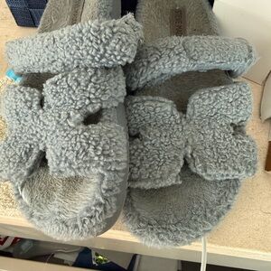 Steve Madden Gray Plush Double-Strap Shearling Slides